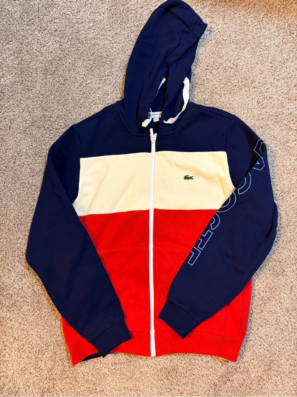 Lacoste Tri-Block Zip Hoodie in Navy, Cream & Red